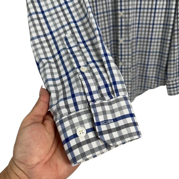 Express Mens Slim Fitted Plaid Button-Up Shirt S 14-14.5" Long Sleeve Blue/Gray - Picture 10 of 10